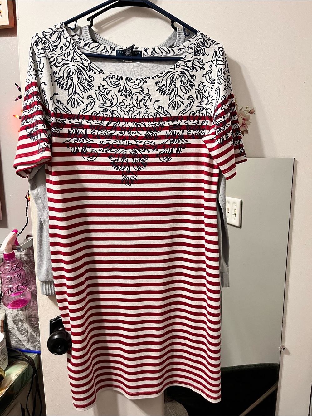 Scott Red & White Striped Short-Sleeve Mini Dress with Navy Scroll Detail